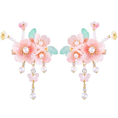 A Pair Wedding Hair Clips, Handmade Floral Design Crystal Hair Clips Pearl Barrettes, Rhinestones Flower Clips Pearl Headpieces Hair Pins Hair Accessories for Women Girls (Light Pink) - color: Light Pink