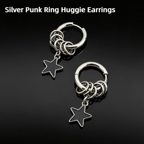 Y2K Black Star Dangle Hoop Earrings for Women Men | Silver Punk Ring Huggie, Edgy Gothic Star Charm, Streetwear Fashion