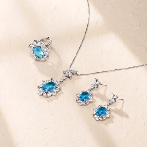 Crysdue Wedding Bridal Teardrop CZ Pendant Necklace Open Ring Dangle Earrings Adjustable Slider Bracelet Jewelry Set, Birthday Mothers Day Christmas Jewellery Gift for Women/Mom/Wife - style: 02-3pcs-Light blue