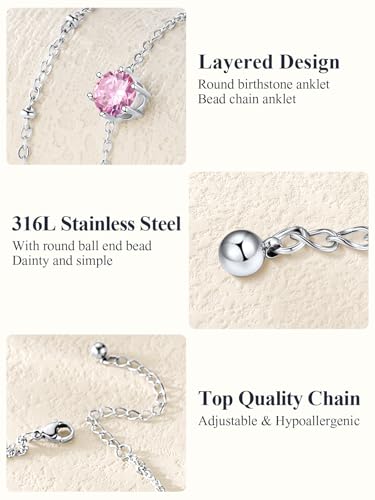 U7 Silver Ankle Bracelet for Women, Waterproof Layered Ankle Round Gem Birthstone Anklets, Summer Beach Foot Jewelry, Adjustable 8.5"-10.5" - color: 10.October-Pink Tourmaline