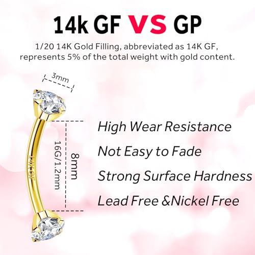 2 Pcs 14k Gold Filled Eyebrow Rings, 16G Threaded Rook Piercing Jewelry, Surgical Steel Vertical Lip Labret Belly Tongue Ring Daith Earring Curved Barbells - color: 8mm-1pcs CZ