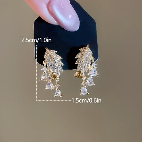 Crystal Leaf Tassel Teardrop Clip on Earrings for Women 14k Gold Plated Shiny Rhinestone Feather Shaped Dangle Drop Non-Piercing Earring Elegant Wedding Prom Anniversary Party Jewelry Gifts - color: Gold