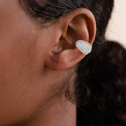 Sparkle Ear Cuff for Women, Non Piercing Single | 14K Gold Plated Brass, Clear Cubic Zirconia Accents, Fixed 3.8-3.9 mm Opening, Single Non-Piercing Cuff For Ear Stacks - style: Beaded Dome
