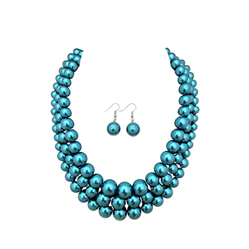 Fashion 21 Women's Faux Pearl Three Multi-Strand Statement Necklace and Earrings Set - color: Teal