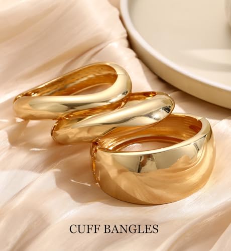 Chunky Gold Bangle Bracelets for Women, 14k Gold Plated Dainty Cuff Stackable Bangles Set, Trendy Bracelet Stack Fashion Jewelry Gifts - color: 02-GOLD