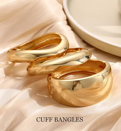 Chunky Gold Bangle Bracelets for Women, 14k Gold Plated Dainty Cuff Stackable Bangles Set, Trendy Bracelet Stack Fashion Jewelry Gifts - color: 02-GOLD