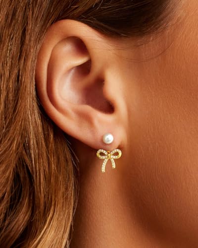 Chunky Hoop Huggie Dangle Tassel Pearl Bow Heart Charm Stud Cilp-on Earrings for Women, 14K Gold plated/Sterling Silver Plated CZ Large Jewelry Vintage Dainty Trendy Gift Daily Prom Party - style: Pearl Bow-GD