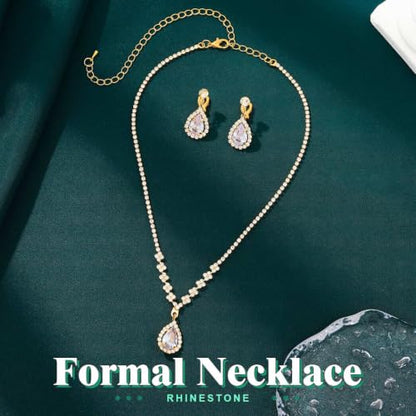 JAKAWIN Clip On Earrings and Necklace Set Silver Rhinestone Jewelry Sets - color: 2 Gold
