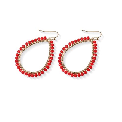 Boho Beads Teardrop Earrings Dangling Gold Hoop Earrings for Women - color: Red
