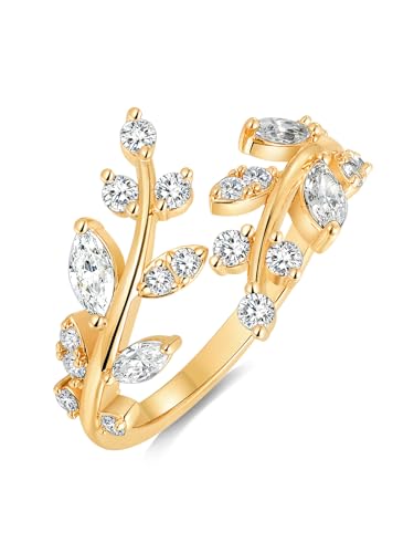 Silver Leaf Ring for Women 925 Sterling Silver Yellow Gold Plated CZ Inlaid Marquise Sapphire/Ruby/Emerald Cocktail Rings Size 6 to 10 - color: Cubic Zirconia - Gold