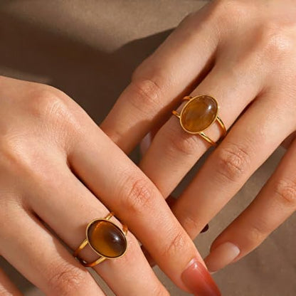 Tiger Eye Ring for Women, 18K Gold Plated Stainless Steel Signet Rings Non Tarnish Statement Jewelry Birthday Gifts