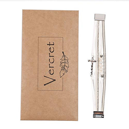 Vercret Leather Wrap Bracelet for Women, Multi-Layer Cuff Bangle | Boho Stacked Bracelets with Safe Clasp Western Bangle Jewelry Gift for Lady and Mom Sister Friend - style: Pearl Cross White