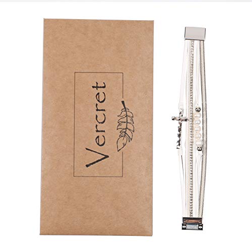 Vercret Leather Wrap Bracelet for Women, Multi-Layer Cuff Bangle | Boho Stacked Bracelets with Safe Clasp Western Bangle Jewelry Gift for Lady and Mom Sister Friend - style: Pearl Cross White