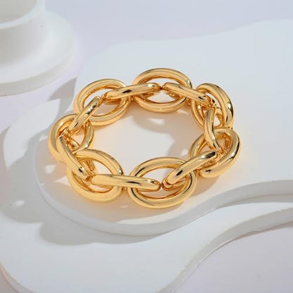 WOWORAMA Chunky Chain Bracelet for Women, Gold/Silver | Adjustable Elastic Stretch Bracelet, Thick Chunky Link Bracelet, Statement Jewelry - color: Oval-Gold