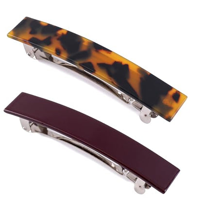 2 Pack French Design Hair Barrettes Tortoise Shell Acetate Celluloid Rectangle Hair Clips for Women - color: Dark Tortoise+Wine