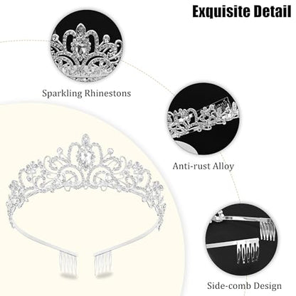 TAROSE Tiaras for Women, Birthday Crown and Sash for Girls | Birthday Sash Sunglasses Outfit, Birthday Gift for Women Girls, Goddess Crown Bride/Halloween/Prom/Party/Costume - color: 1 A. Silver+white