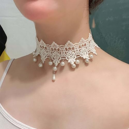 Wide Black Lace Choker Necklace Gothic Lace Pearl Tassel Necklace Short Hollow Flower Tattoo Necklaces Waterdrop Rhinestone Necklaces Halloween Wedding Party Jewelry - style: Style4