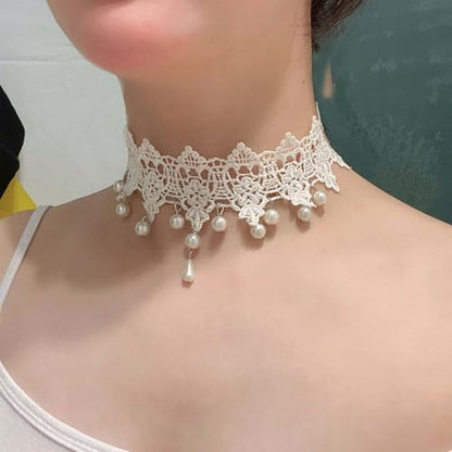 Wide Black Lace Choker Necklace Gothic Lace Pearl Tassel Necklace Short Hollow Flower Tattoo Necklaces Waterdrop Rhinestone Necklaces Halloween Wedding Party Jewelry - style: Style4