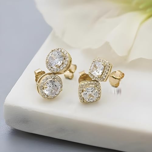 18K White Gold Plated Round Square Cubic Zirconia Simulated Diamond Halo Stud Earrings 2 pairs Set - color: gold