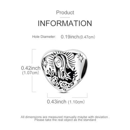 Hapour 925 Sterling Silver Charm for Bracelet Necklace Women Pendant Beads | Virgin Mary Charm, Religious Cross Heart Dragon European Jewelry Mom Charm - color: Silver Madonna of Mercy Heart-shaped