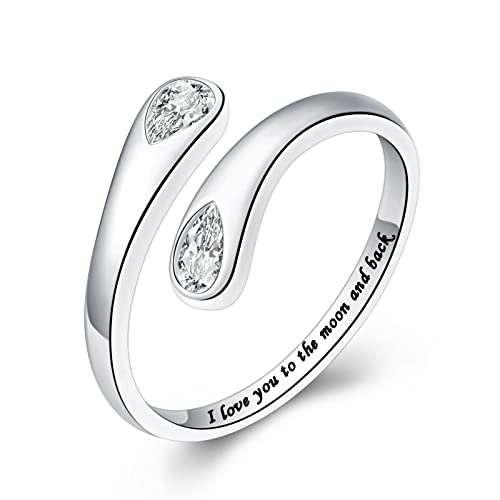 Fookduoduo 925 Sterling Silver Ring Inspirational Jewelry adjustable Wrap Open Rings for Women - style: I love you to the moon and back, style 2