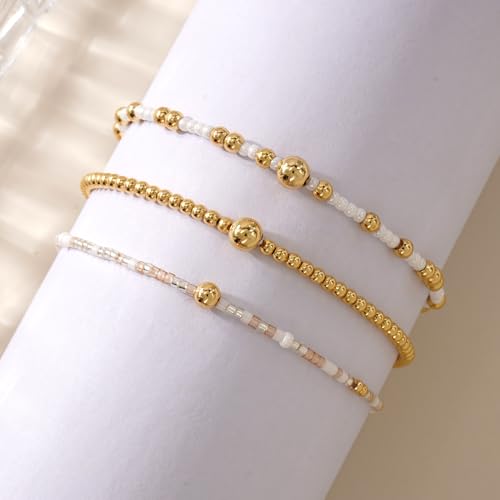 Gold Beaded Bracelet Stack for Women Colorful Small Seed Beads Bracelets Set Boho 14K Gold Plated Ball Stackable Stretch Non-Tarnish Dainty Jewelry Trendy Accessory Friendship Gift - color: pale pink and white
