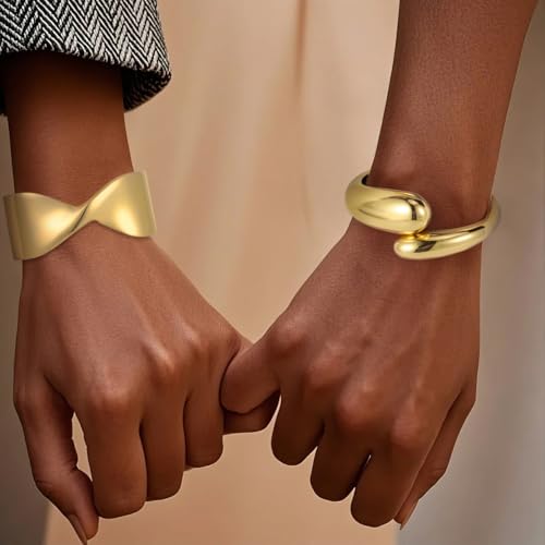 Emibele Cuff Bracelet Stack, 18K Gold-plated Open Bangle Bracelet, Teardrop Hinged Thick Wrist Chunky Bracelet Set for Women, Non Tarnish Jewelry Gift, 2 Pack - color: Gold Stack