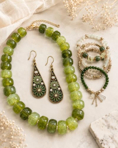 3Pcs Boho Jewelry Set for Women Necklace Earrings Bracelet | Acrylic Beaded Necklace | Floral Enamel Earrings | Layered Bracelet | Coordinated Trio | Green Boho Style | Gift for Women