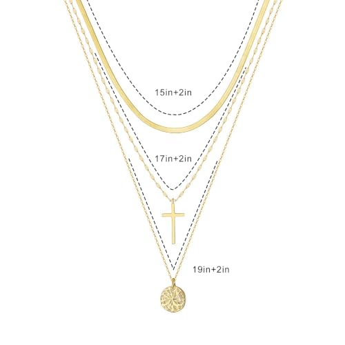 Layered Necklaces for Women Non Tarnish Dainty 14K Gold Plated Snake Chain | Cross & Disc Pendant Stack Choker Necklace, Trendy Minimalist Waterproof Faith Jewelry Set