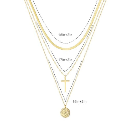 Layered Necklaces for Women Non Tarnish Dainty 14K Gold Plated Snake Chain | Cross & Disc Pendant Stack Choker Necklace, Trendy Minimalist Waterproof Faith Jewelry Set