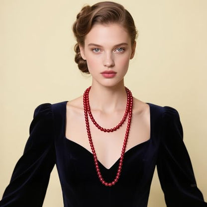 BABEYOND Long Pearl Necklace Faux Pearls Necklace Set Beaded Long Pearls Necklace 1920s Gatsby Costume Jewelry - color: Red