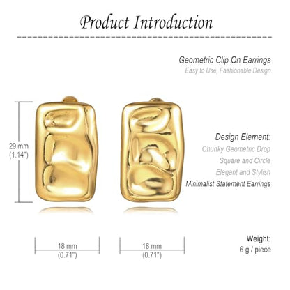 REELMAR Chunky Geometric Clip On Earrings for Women Trendy Gold-Plated Thick Hammered Rectangle Dupes Earrings Minimalist Statement Earrings No Piercing Clips - color: Square-Gold