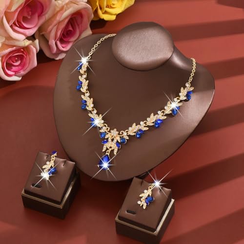 CJIAYUJEW Cubic Zirconia Wedding Jewelry Sets for Bride Bridesmaid Cluster Crystal Teardrop Pendants Jewelry Set Necklace Earring for Brides Bridesmaid for Wedding Party - color: Blue
