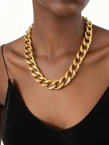 ChainsPro Cuban Link Chain for Women,Stainless Steel Chunky Necklace Silver/Gold Plated Thick Chain Choker, 12/16/20 mm Width,18" and 20" Punk Hip Hop Trendy Non Tarnish Jewelry Gifts - color: Gold Plated, style: 16mm-20"