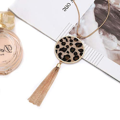 MOLOCH Long Necklaces For Woman Disk Circle Pendant Necklaces Tassel Fringe Necklace Set Statement Pendant - color: light leopard