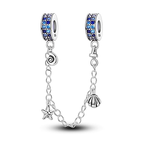 Hapour 925 Sterling Silver Safety Chain Charm for Bracelet Pendant Beads | Dragonfly Dangle Charm, Seashell Starfish Heart Clip Stopper Spacer Beads Jewelry - color: Seashell Starfish