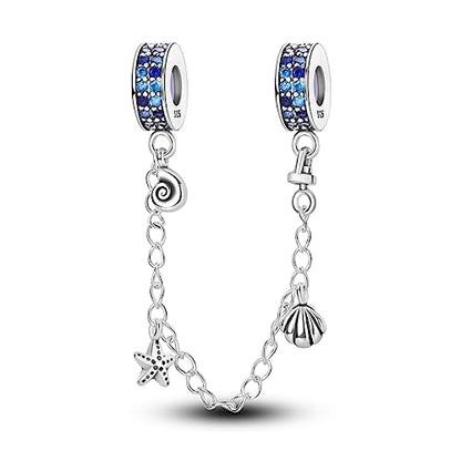 Hapour 925 Sterling Silver Safety Chain Charm for Bracelet Pendant Beads | Dragonfly Dangle Charm, Seashell Starfish Heart Clip Stopper Spacer Beads Jewelry - color: Seashell Starfish