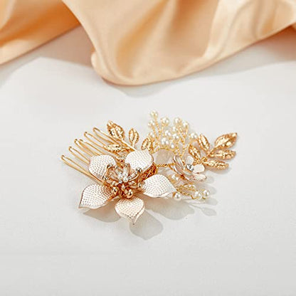 SWEETV Gold Bridal Hair Clip,Floral Bridal Hair Comb Barrette Flower Hair pieces for Brides Wedding - color: Gold-C