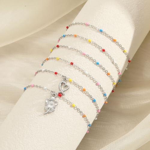 6 PCS Enamel Beaded Chains Bracelet Stainless Steel Link Bracelets | 6.7"+1.18", With Extender Chain, Fashion Jewelry Set, Gift For Women, Colorful, No Fade - color: Colorful Silver
