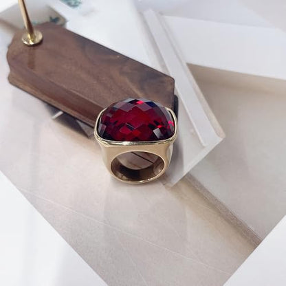 Chunky Square Crystal Glass Stainless Steel Statement Ring for Women Men Gold-Tone Plated Exaggerated Large Geometric Green Cubic Zirconia Finger Band Knuckle Rings Cocktail Prom Fashion Jewelry - color: Red