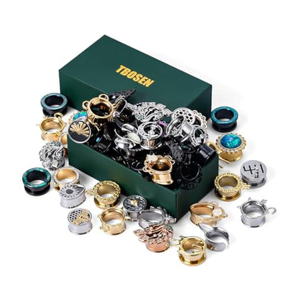 TBOSEN 10 Pairs Stainless Steel | Wood Random Colors Ear Gauges Tunnels Plugs Body Piercing Lucky Bag 2g-1 inch - color: Metal A, size: 14 mm