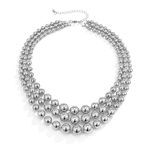COLORFUL BLING Exaggerated Layered Beads Pendant Chunky Gold Chain Chunky Bib Statement Choker Stackable Strand Necklace for Women Hip Hop Jewelry - color: silver three layer