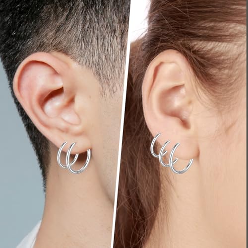 Mabor 7 Pairs Stainless Steel Hoop Earrings for Women Men | Silver Small Stainless Steel Huggie Hoop Earrings Piercings Cartilage 8, 10, 12 ,14, 16, 18, 20 mm
