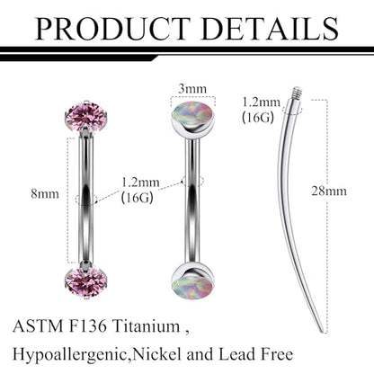 16g Rook Piercing Jewelry Titanium Internally Threaded Opal CZ Curved Barbell Eyebrow Tragus Helix Conch Lobe Labret Earrings Lip Rings Body Piercing Jewelry For Women Men 6mm 8mm 10mm - color: Pink Opal&CZ, size: 8mm