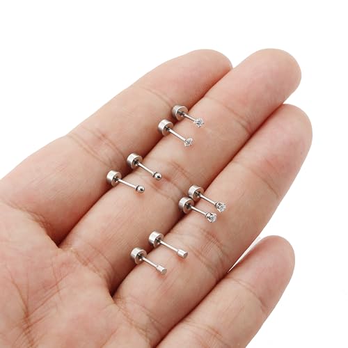 Tornito 24 Pairs Tiny Stud Earrings Stainless Steel Cubic Zirconia Ball Dot Small Cartilage Stud Earrings Set For Women Men Comfy Screw Flat Back For Multiple Piercing 2MM 20G