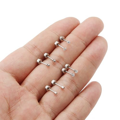 Tornito 24 Pairs Tiny Stud Earrings Stainless Steel Cubic Zirconia Ball Dot Small Cartilage Stud Earrings Set For Women Men Comfy Screw Flat Back For Multiple Piercing 2MM 20G