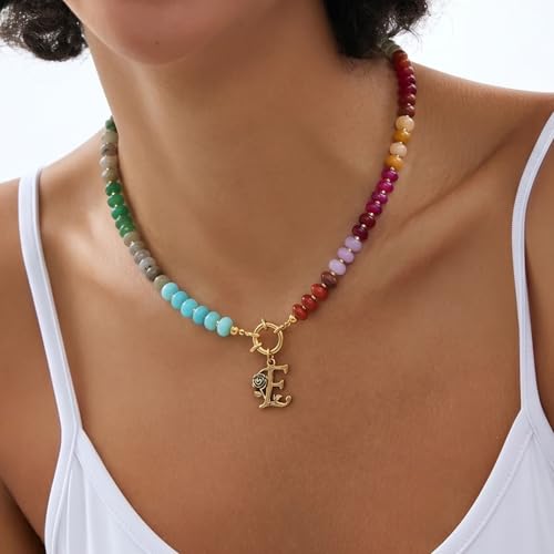 Gemstone Beaded Necklace for Women Colorful Natural Stone Freshwater Pearl Surfer Beach Rainbow Necklace Jewelry Gift - color: Colorful
