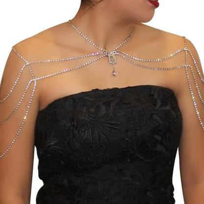 Rhinestone Tassel Shoulder Chain Necklace,Multi-Layered Rhinestone Shoulder Arm Chain Sexy Rave Crystal Fringe Back Chain Bridal Wedding Shoulder Body Jewelry for Women - color: Gold