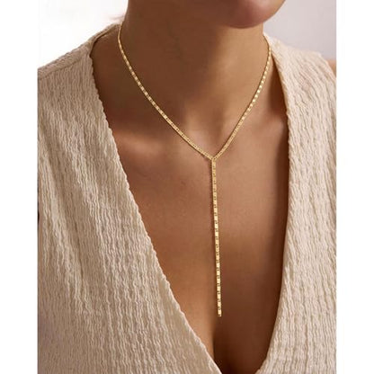 Lariat Gold Necklace for Women, 14K Gold Plated Dainty Drop Y Necklace, Waterproof Non Tarnish Long Layered Beaded Chain Lariat Necklace Prom Jewelry Summer Vacation Gift for Her - color: Gold-2