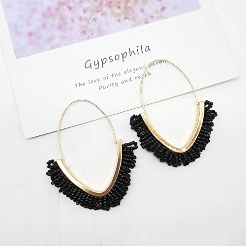 V-Shaped Beaded Dangle Earrings - Statement Drop Fringe Earrings, Boho Handmade Tassel Jewelry Gift for Women - color: Black